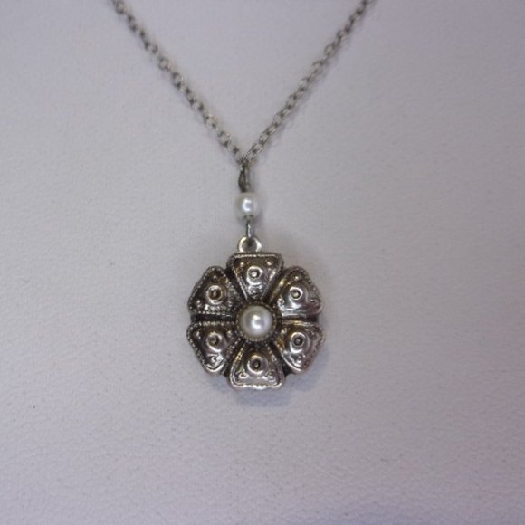 Pearl Accent Silver Tone Floret Locket Necklace - Picture 3 of 11